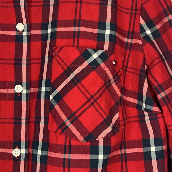 Tommy Hilfiger Red Plaid Blouse cuffed sleeves
24 button tabs women's size small - Picture 3 of 10